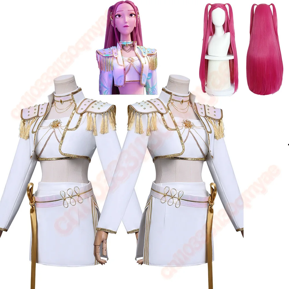 2025 새로운 루미 조이 미라 악마 헌터 코스프레 의상 Kpop Huntrix 여성 화이트 가죽 할로윈 의상 성인 드레스