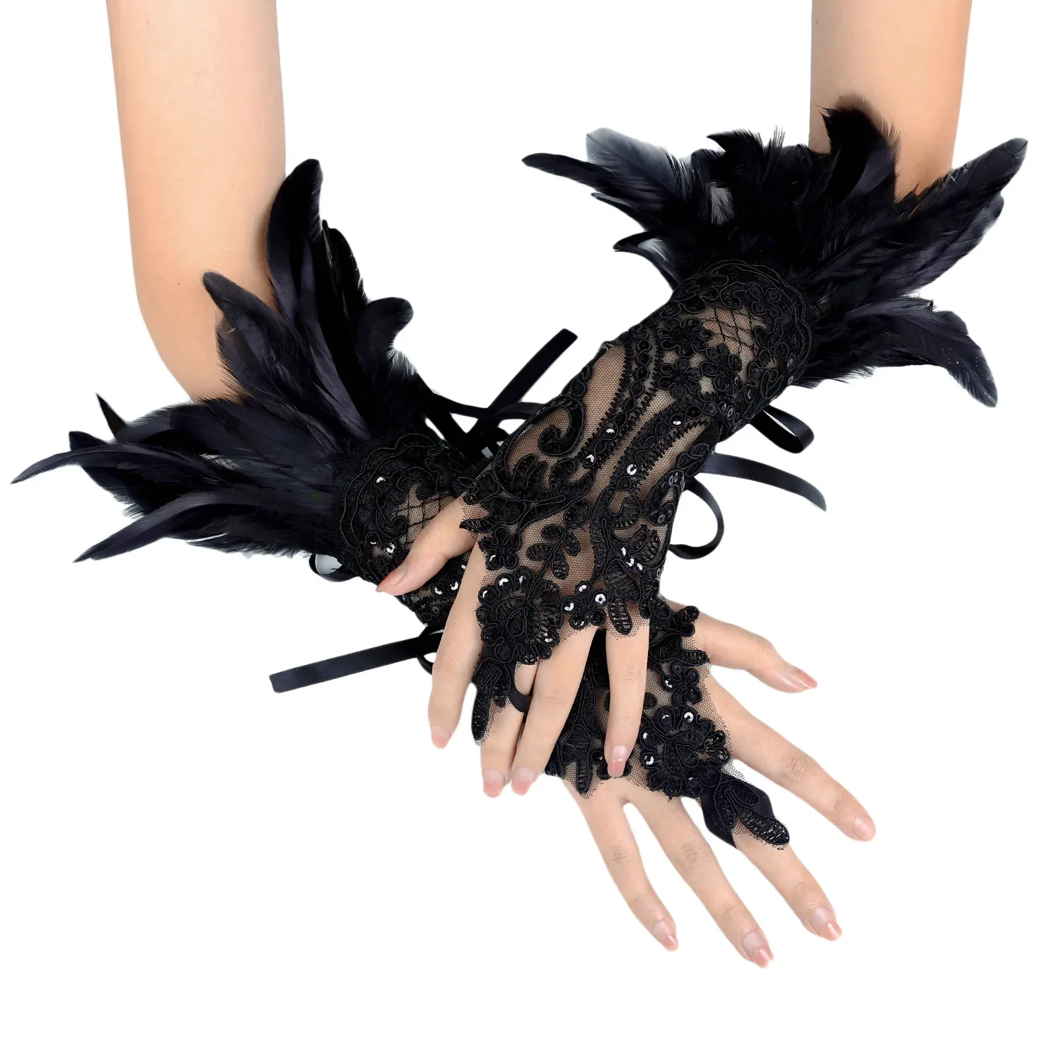 1 par de guantes largos de plumas de imitación de encaje Sexy, manga de malla gótica, manopla bordada para fiesta de Halloween, accesorios de escenario para mujer