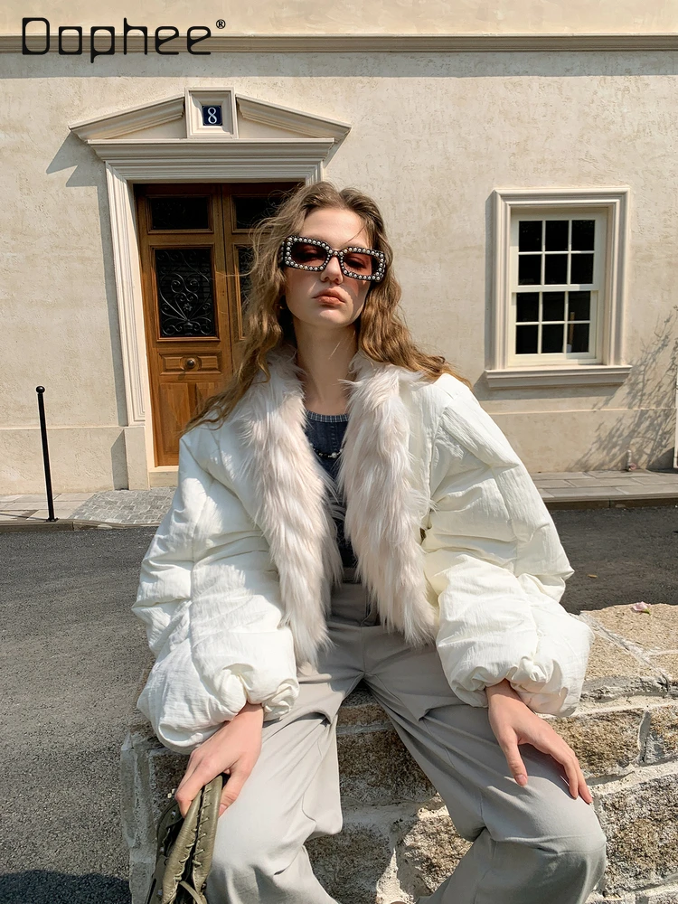 Corea Ins Street blanco ecológico piel sintética Patchwork invierno nuevas chaquetas de algodón grueso para mujeres Chaqueta corta de piel de gama alta