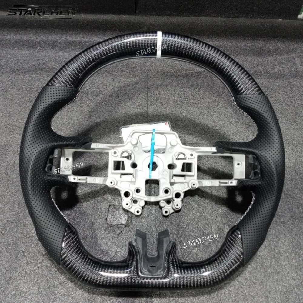 Real Carbon Fiber Steering Wheel for 2018-2023 Ford Mustang (EcoBoost/GT/Shelby GT350/GT350R) Perforated Leather White Positioning Line White Hand Stitching (Non-heated)