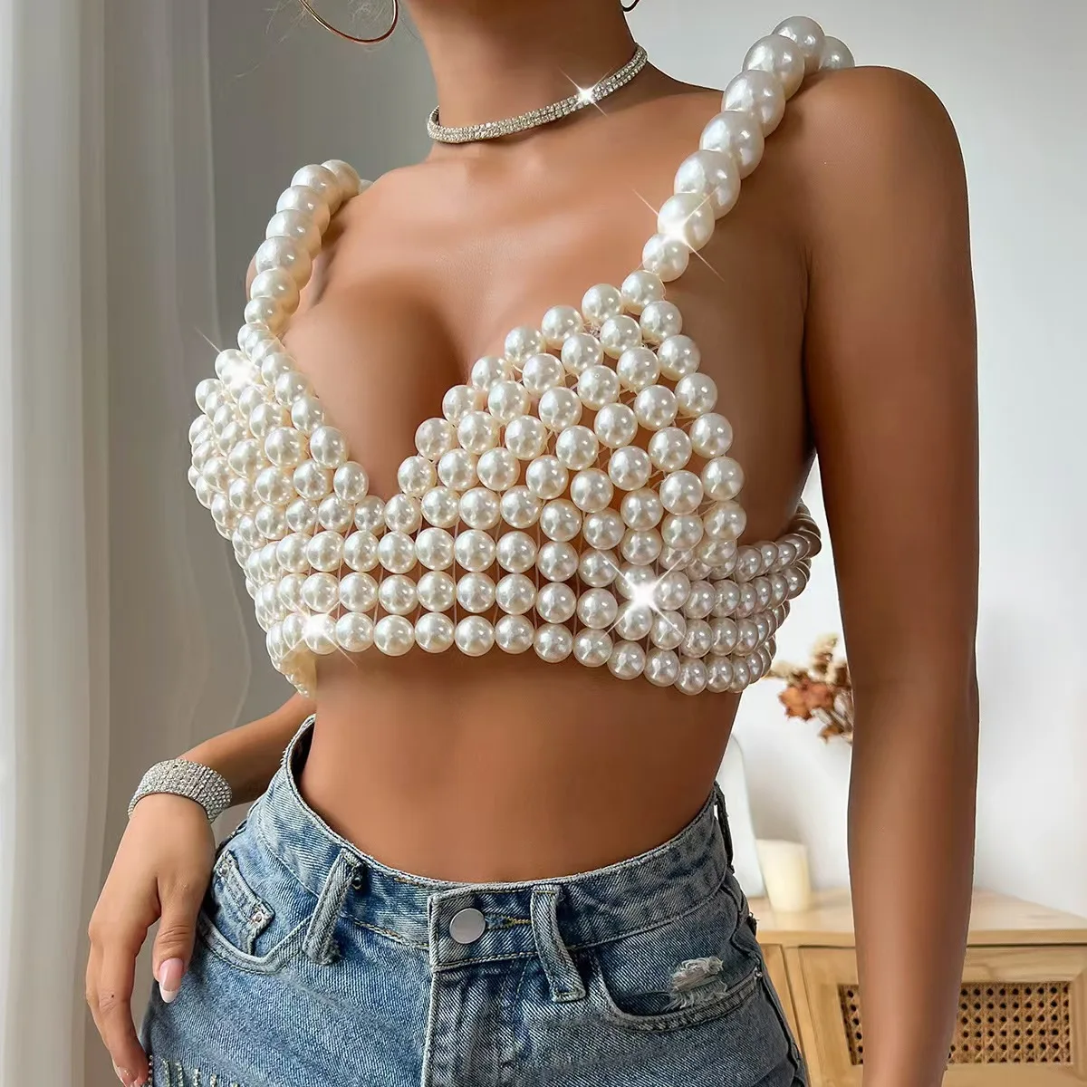 Avant Garde Sculptural Pearl Matrix Body Chain Top Crop Harness Bralette Bustier Statement Handmade Pearl Clothing Jewelry