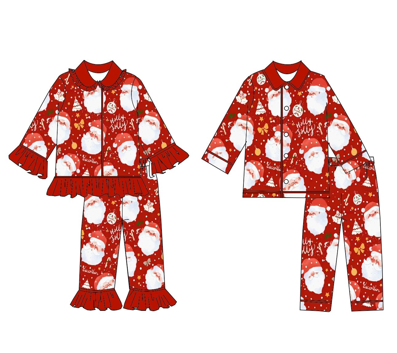 Christmas Lapel Long-Sleeved Long Pants Set Tree Candy Print Girls Boys And Children Boutique Holiday Outfit