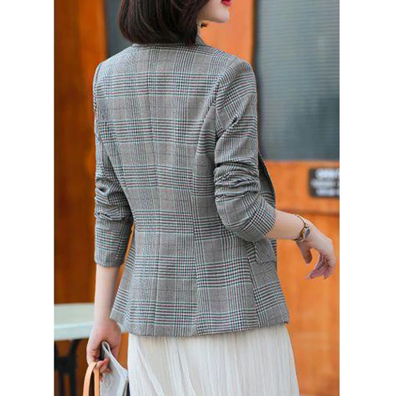 Women\'s Clothing Spring Autumn Vintage Fashion Plaid Notched Elegant Suit Coat Office Lady Casual Long Sleeve Slim Blazer Jacket