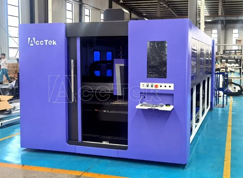 AccTek-máquina cortadora láser de fibra, plataforma de intercambio cerrada, directa de fábrica, 3000x1500, para acero, aluminio, hierro, corte de latón