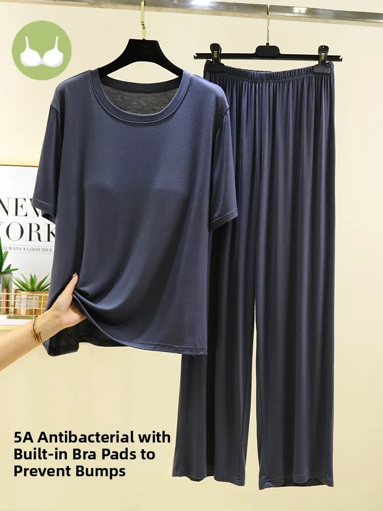 Modal Loose Short Sleeve Sleepwear Set Women's Summer Thin Home Clothes Two-Piece Set with Chest Pad Can Be Worn outside 4