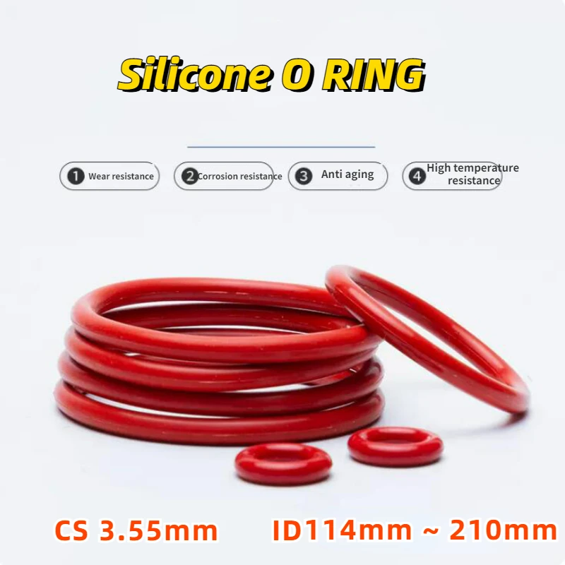 1ชิ้นแหวนซิลิโคน VMQ สีแดง CS 3.55มม. ID 114มม. ~ 210มม. ยางเครื่องซักผ้ากันน้ำเกรดอาหารฉนวนกันความร้อนทรงกลมปะเก็นซีล