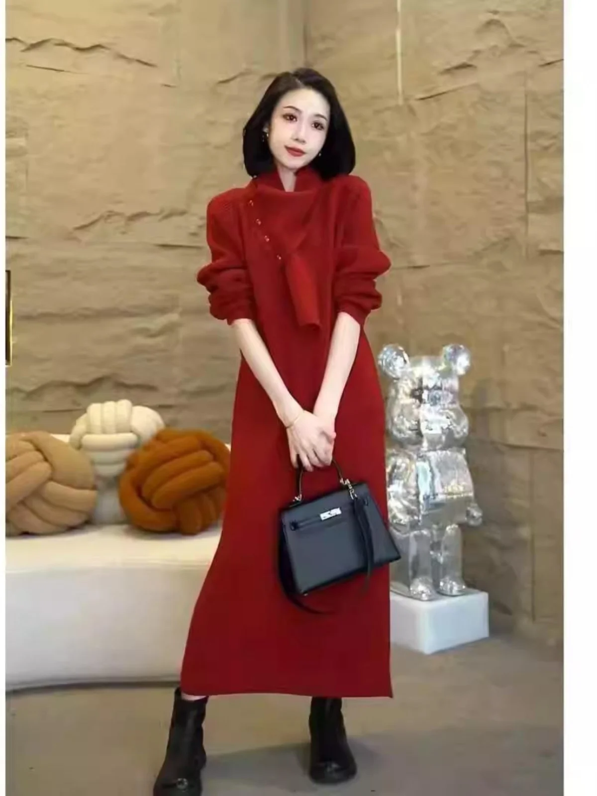 

plus Size Autumn Winter Knitted Sweater Long Dr Inner Wear Scarf Loose Versatile Dr Casual High Waist A-Line Skirt