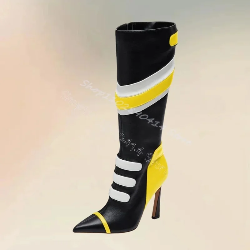 

Mixed Color Stripe Design Pointed Toe Boots Side Zipper Women Shoes Thin High Heels Party Feast Dating 2025 Zapatos Para Mujere