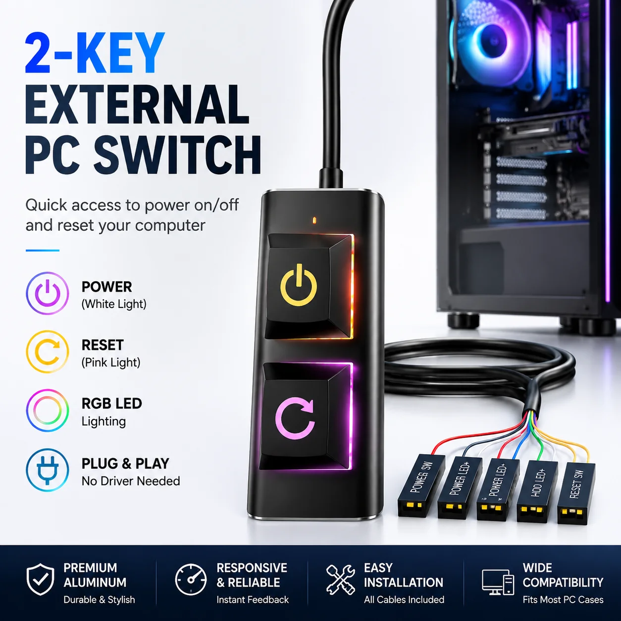 2m Computer Host Button with LED Light External Start Power On/Off And Reset Button for Gaming Enthusiasts And Computer Modders