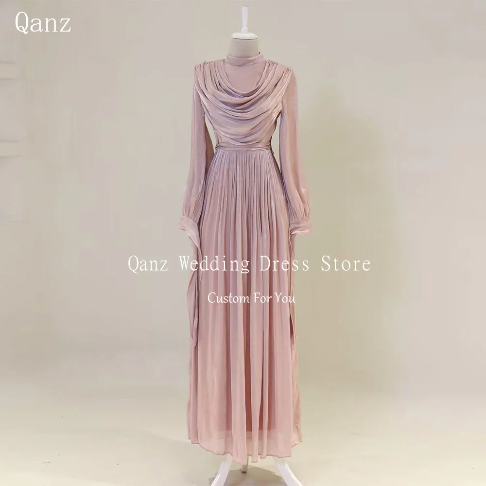 

Qanz Dirty Pink Chiffon Evening Dresses O Neck Long Sleeves Vestido De Gala Noche Mujer Formal Ocassion Dress Women Customized