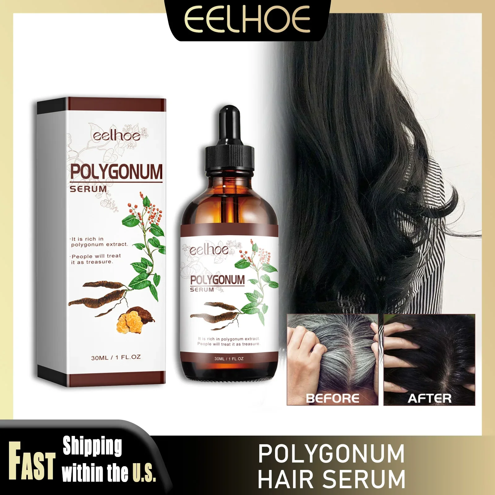 

EELHOE 30ml Ginger Polygonum Serum Pure Herbal Darkening Gray Hair Nourishing Strengthen Hair Roots Anti Dandruff for Man Women