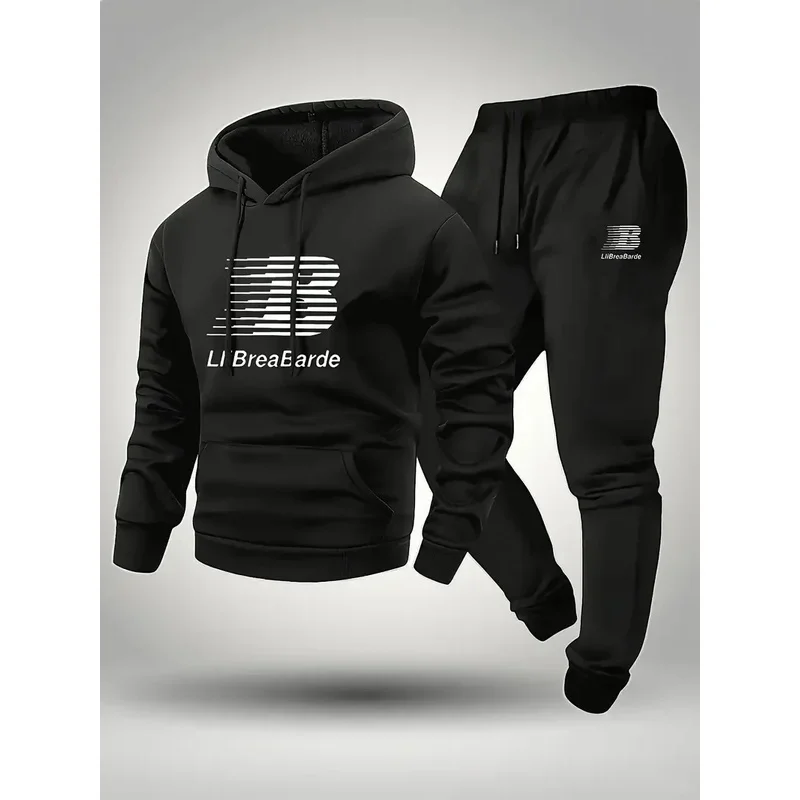 

Men's letter printed casual hooded sports suit with polyester fiber long sleeved pullover and drawstring running pants suitable