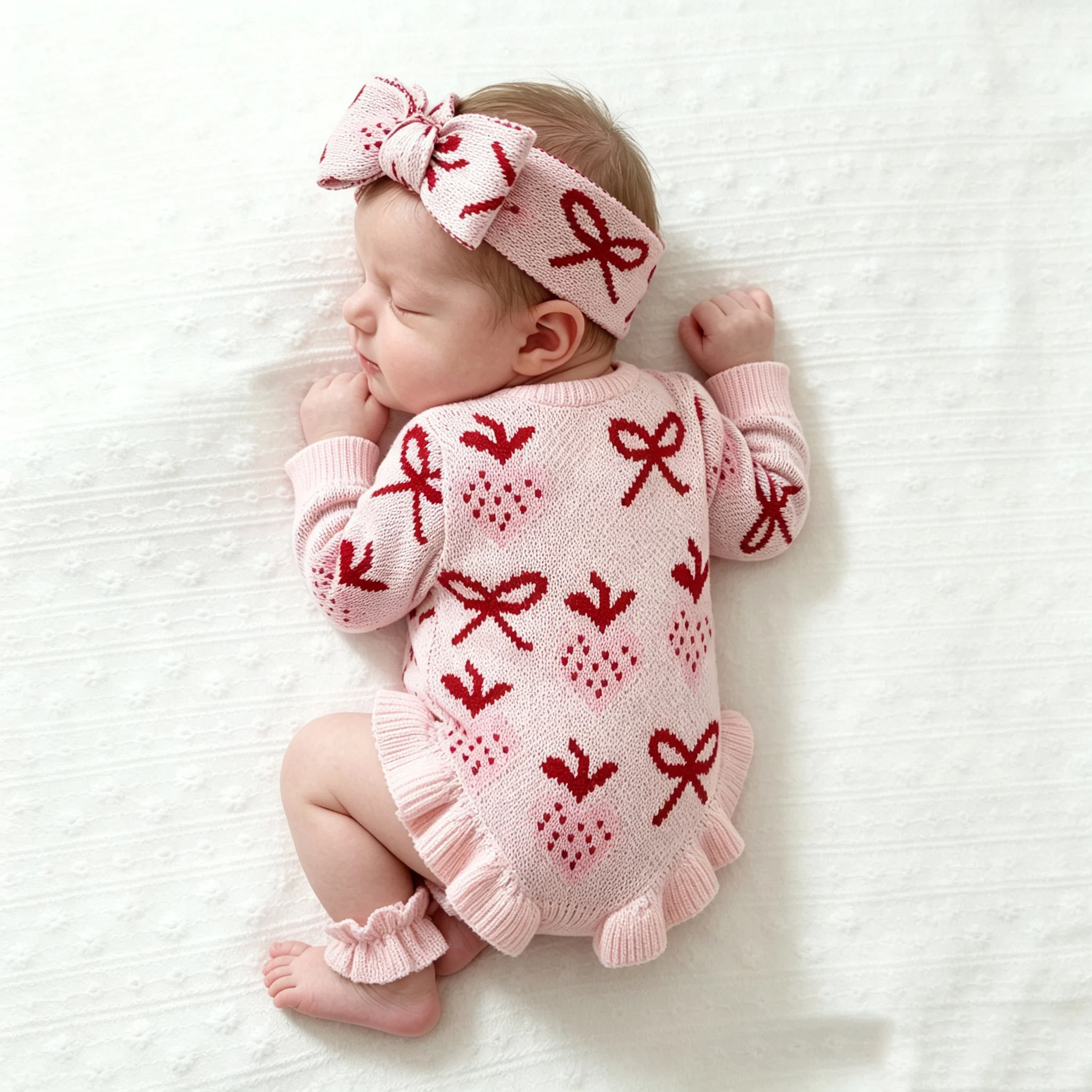 Strawberry Knitted Baby Romper+Headband Set Long Sleeve Ruffle Hem Newborn Girls Bodysuit Fall Winter Infant Photography Clothes