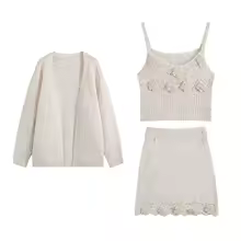 Womens Matching Sets 3-Piece Floral Knit Cardigan Camisole Skirt - Beige