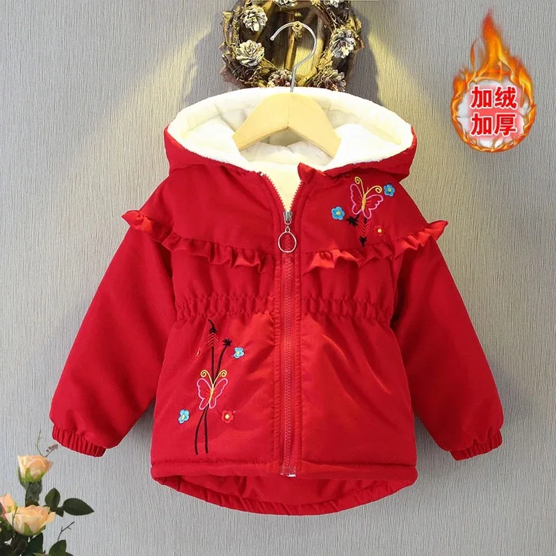 1 2 3 4 5 6 7 Years Baby Girls Coat Plus Velvet Warm Autumn Winter Kids Jacket Windbreaker Hooded Children\'s Outerwear Clothing