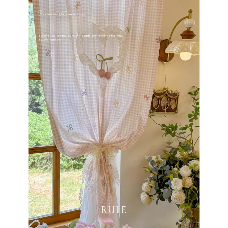 Sweet Pastoral-style Half-curtain Featuring Pink Plaid Tulip Motifs and Ruffles Suitable for Bedrooms or As A Partition Curtain