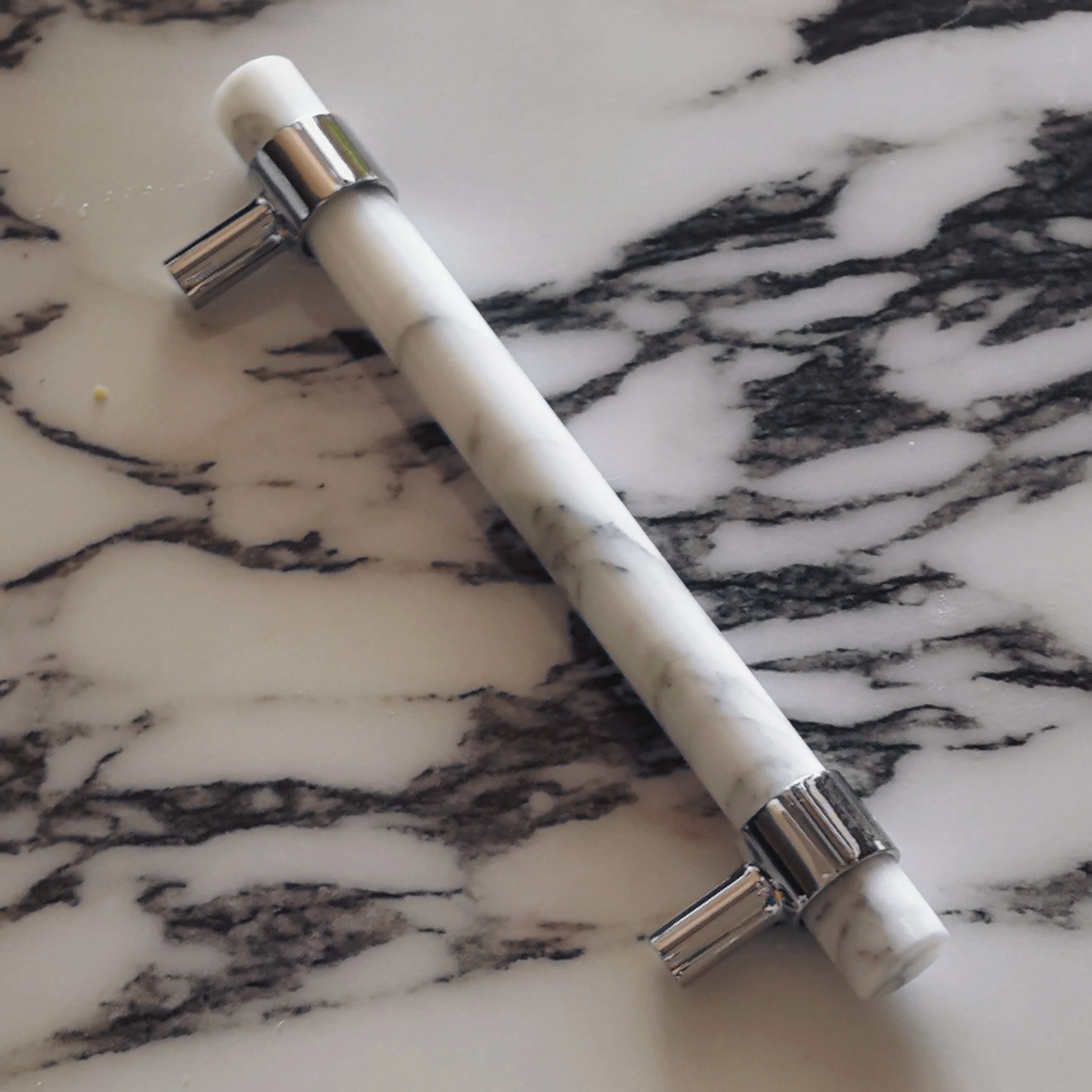 Stonekocc Carrara White Natural Marble Cabinet Handles Long Stone Drawer Pulls With Metal Ends