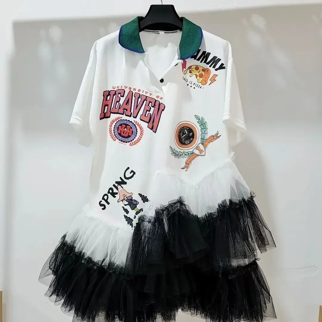 Summer Mesh Splicing Ruffles Short Sleeve T-Shirts Irregular Gauze Stitching Ruched Pleated Tees Letters Printed Jumpers Tops