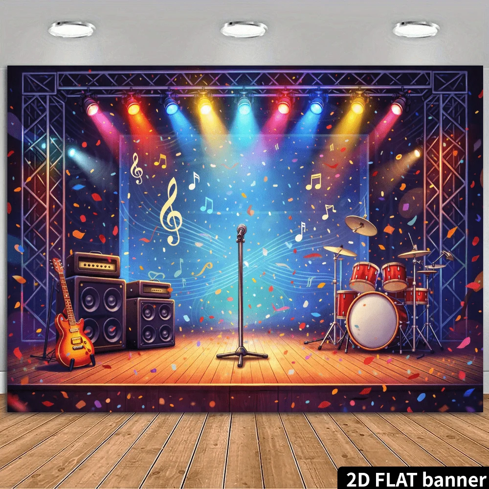 2D-Flachbanner, Hintergrundstoff für Musikbühnen. Bunte Lichter und Musiknoten verschmelzen in sich.