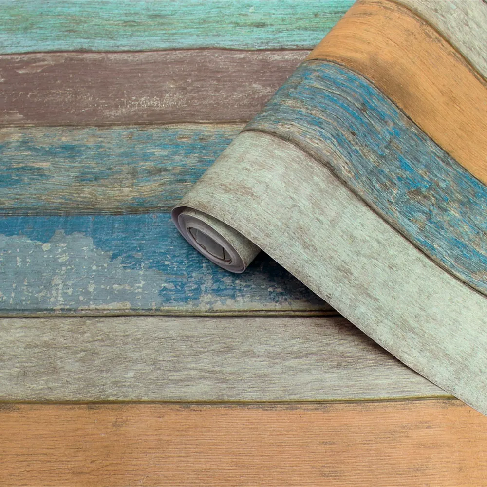 1M/3M/6M Vinyl Mediterranean Stripe Self-Adhesive Wood Grain Wallpaper Retro Nostalgic Wooden Board Living Room Home Decoration