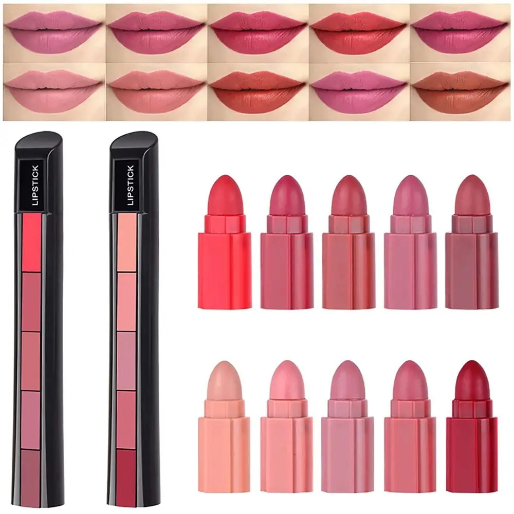 Vrouwen Dagelijkse Schoonheid Sexy Lippenstift Make-Up Cadeau Cosmetische Tool Fluwelen Lipstick Lipgloss 5 In 1 Matte Lippenstift Set Matte Liptint