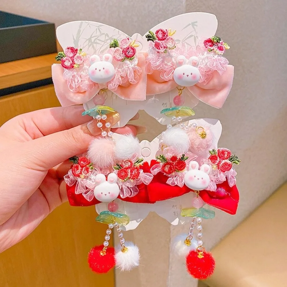 

Princess Bowknot Children's New Year Hair Clip Rabbit Red Plush Fringe Hairpin Cute Hanfu Headwear Chinese Style Barrettes Kids