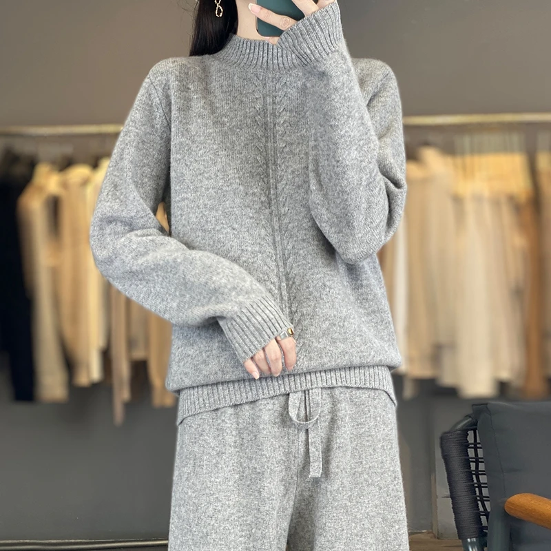 Commuting Temperament 100% Merino Wool Knitted Suit Women's Mock Neck Warm Sweater Straight Leg Long Wide Leg Pants 2-Piece