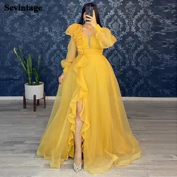 Customized Yellow Organza Long Sleeves Prom Dresses Ruffles High Slit V-Neck Evening Gowns Women Formal Special Wedding Dress
