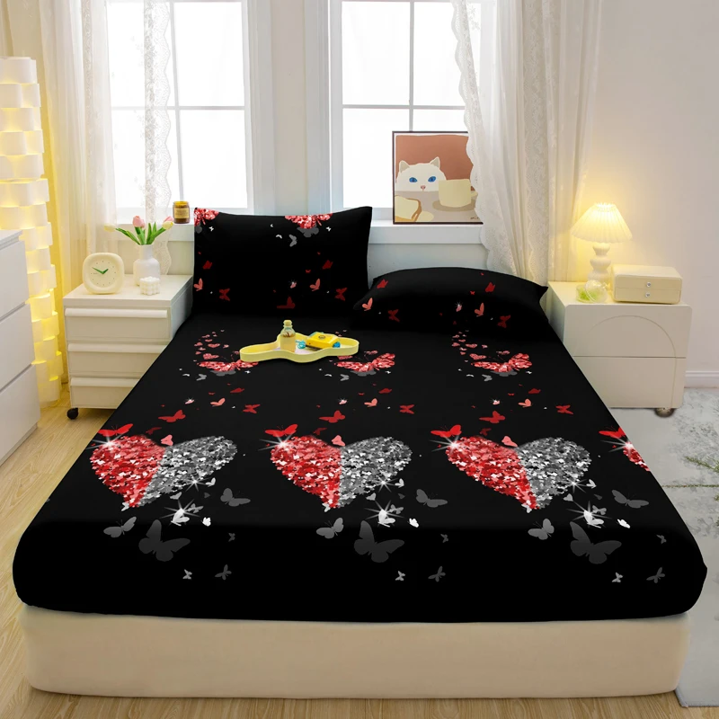 1 Simple Modern Heart-Shaped Printed Matte Fitted Sheet, Bedroom Printed Bed Cover, Bedding (Excluding Pillowcases)