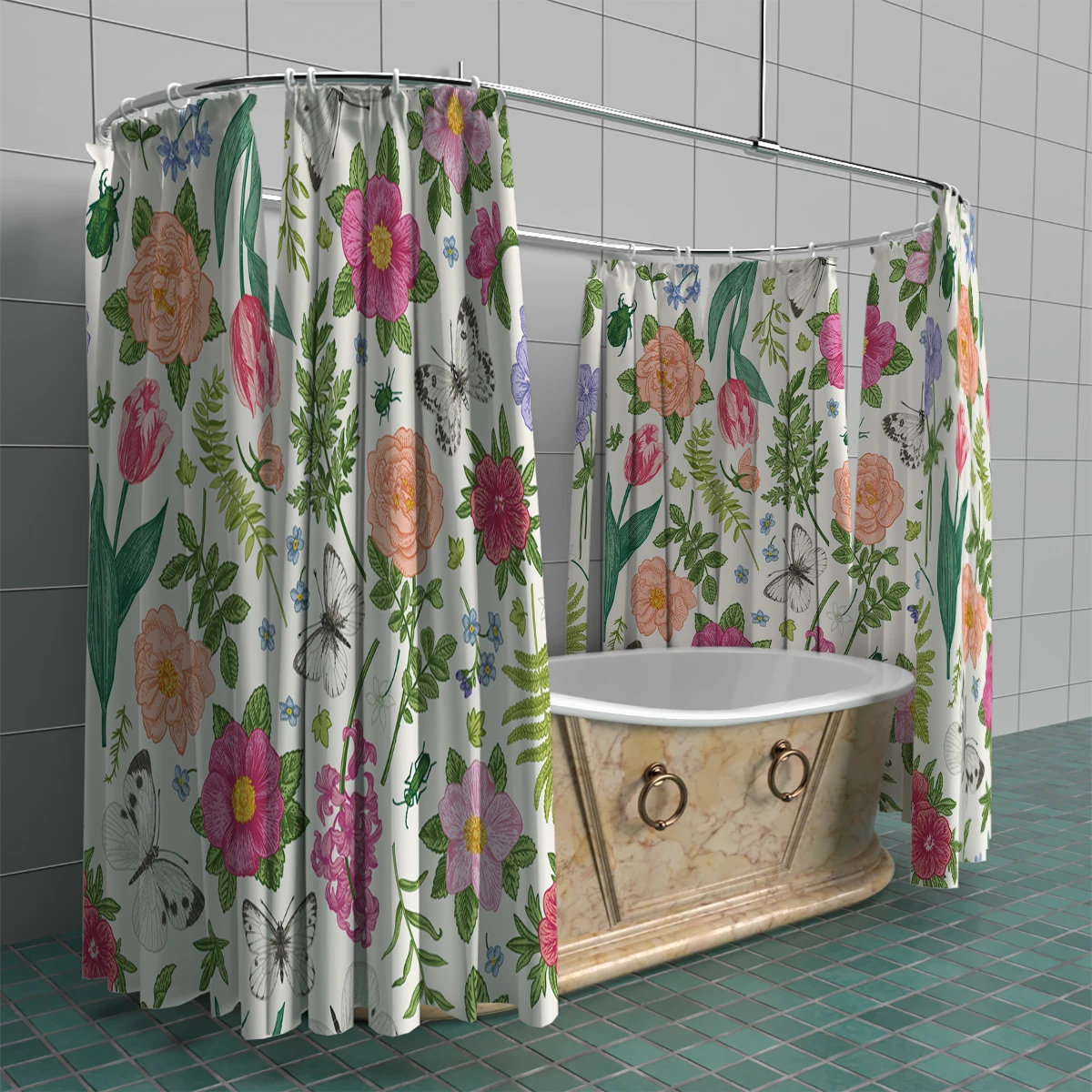 1 piece of 180x180cm printed shower curtain with floral pattern, 12 hooks, waterproof and mold resistant partition