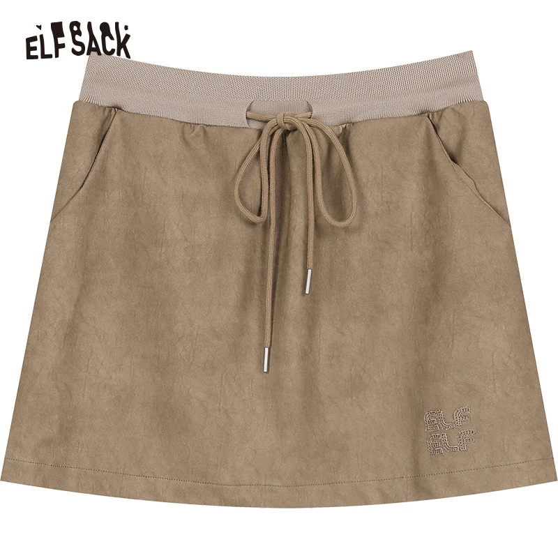 ELFSACK 2024 Autumn New Arrive Retro coffee color mottled A-line high waist drawstring design short skirt PU skirt for women