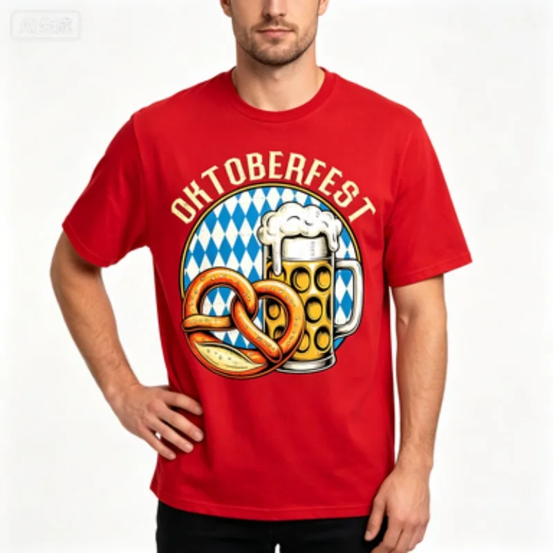 Male Tee Retro Distressed Oktoberfest Beer and Pretzel Bavaria Pattern Design German Beer Festival Casual Holiday Crew Neck Top