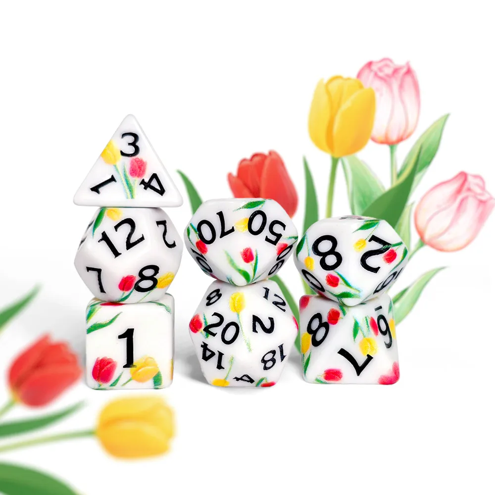 Spring Tulip Flower Dice Set, 7-Piece Printed Dice Set White Polyhedral DND Dice with Black Numbers, for RPG Games