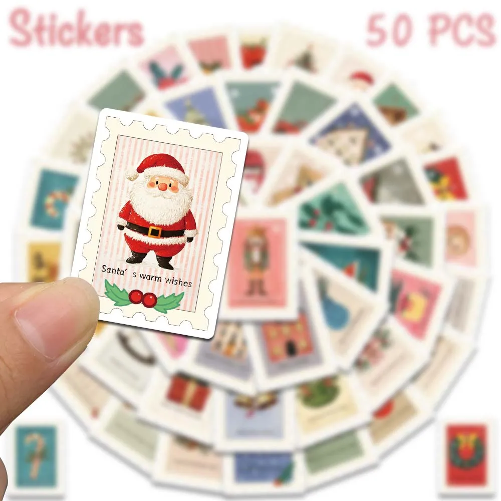 50pcs Christmas Stamp Stickers Vintage Postage Cute Santa Decal For Phone Laptop Scrapbook Journal Envelope & Creative Xmas Gift