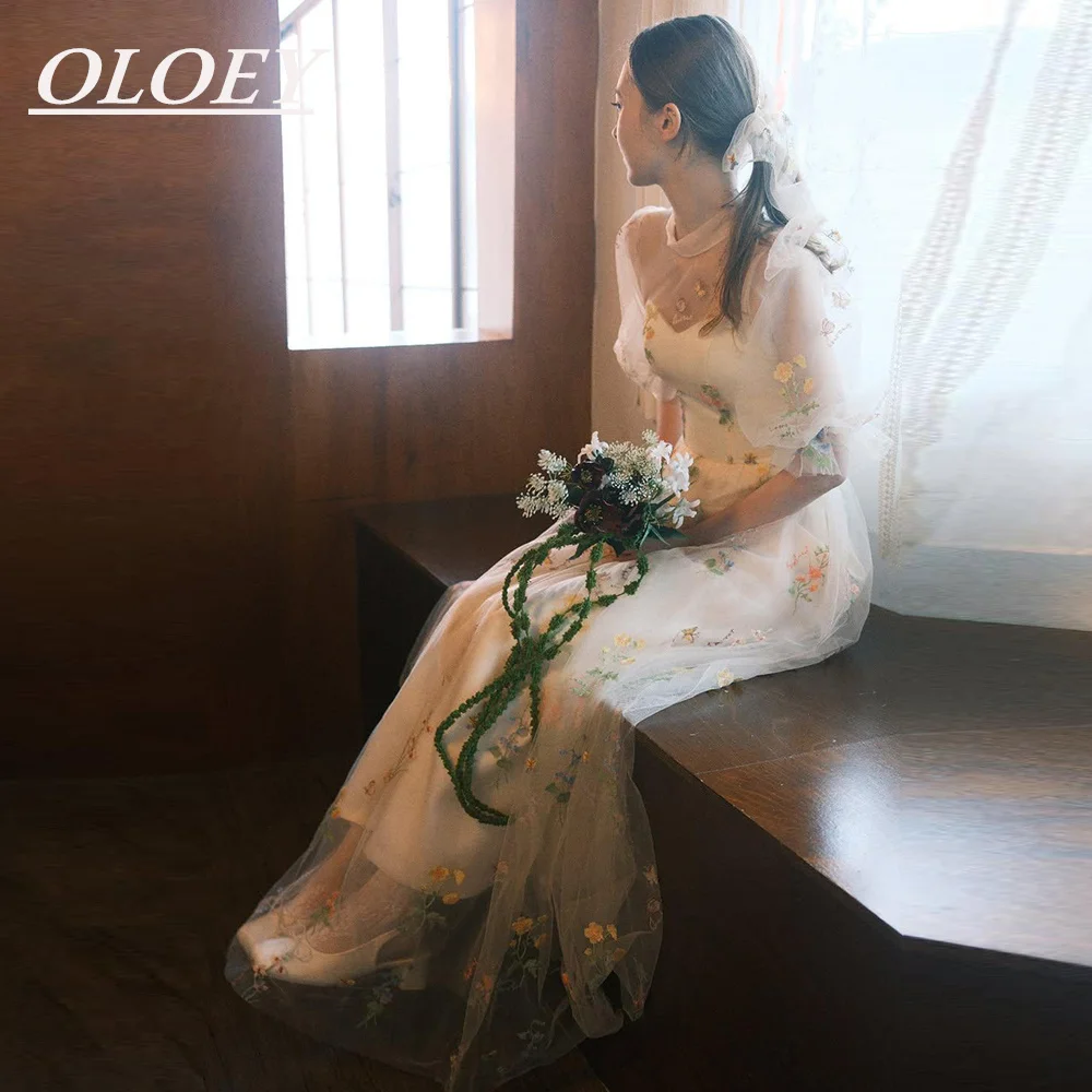 OLOEY Fairy Floral Embroidery A Line Korea Wedding Dresses Photoshoot O Neck Short Sleeve Bridal Gowns Customised Floor Length