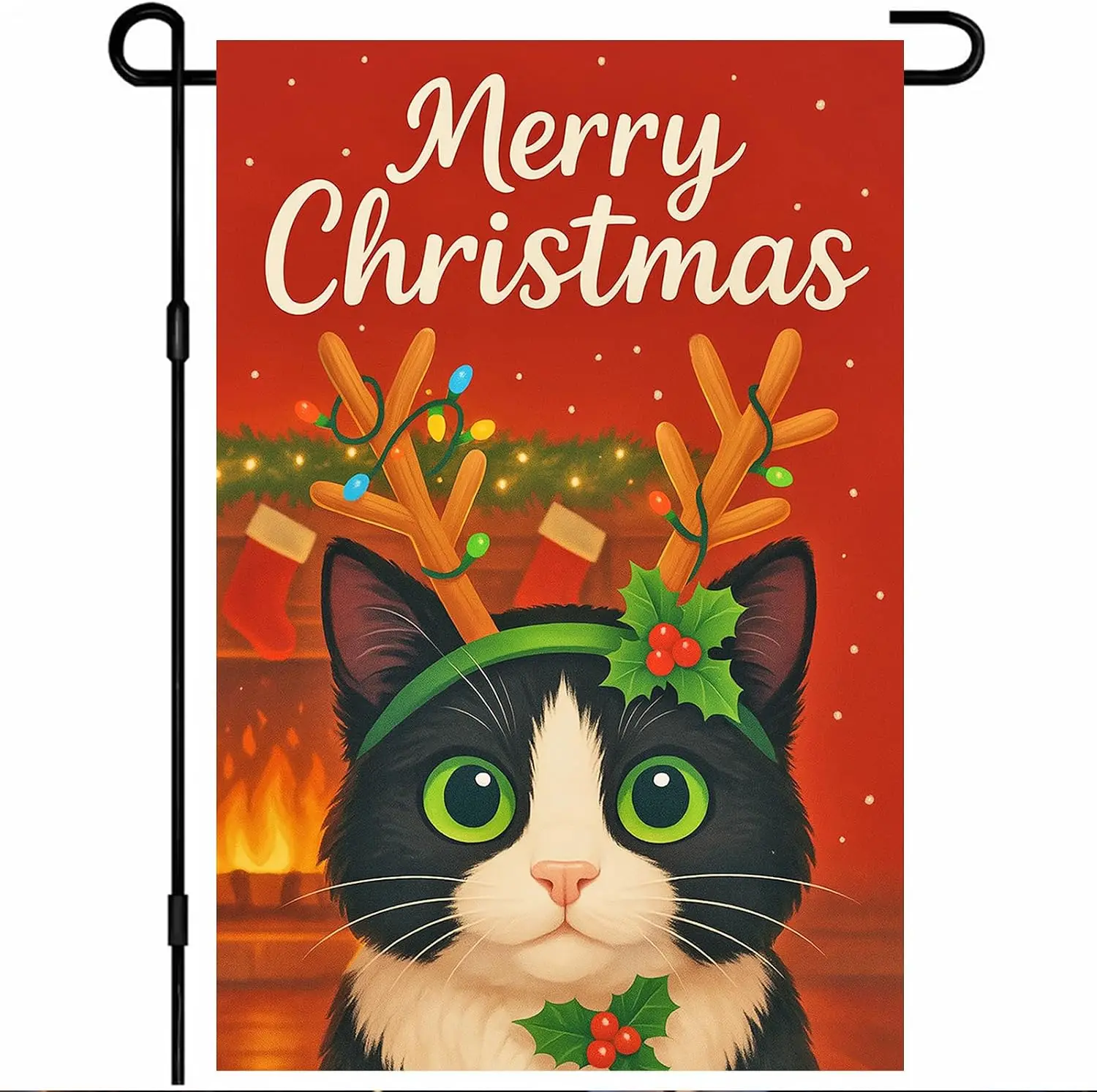 Merry Christmas Garden Flag 12x18 Inch Christmas Cat Double Sided Yard Flag Holiday with Tuxedo Cat Antler Lights Holly
