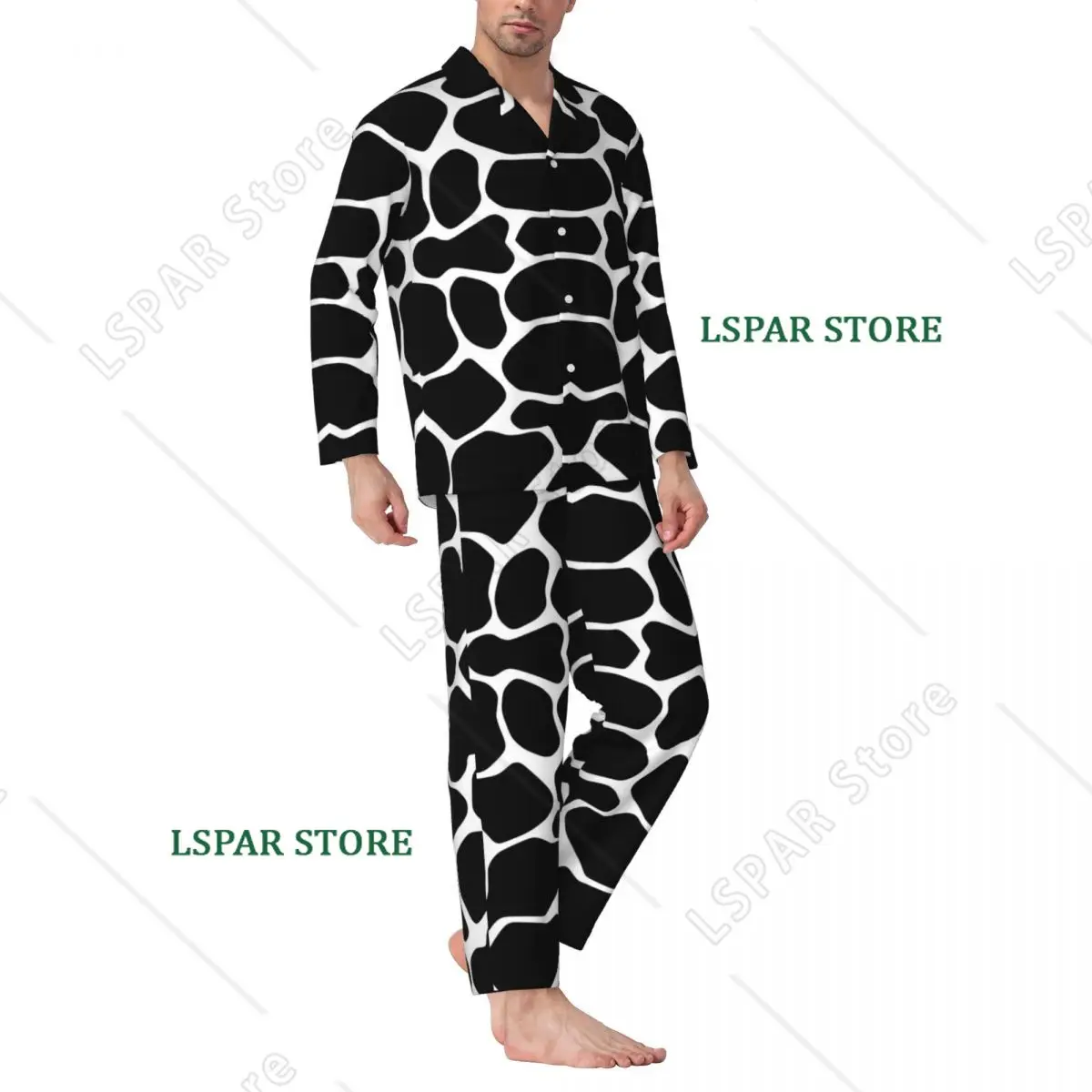 Black Giraffe Print Pajama Sets Spring Animal Cute Soft Home Sleepwear Male 2 Pieces Retro Oversize Custom Nightwear Present