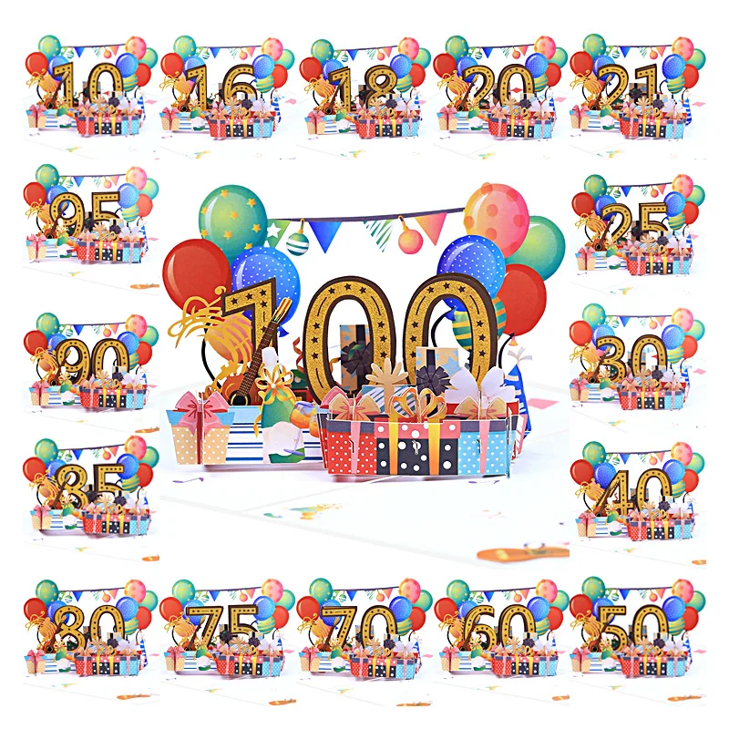 Retro Style 3D Pop Up Happy Birthday Card for ages 10-100, Balloon, Cake, Gifts, Birthday Hat, Wife, Husband, Party Invitation