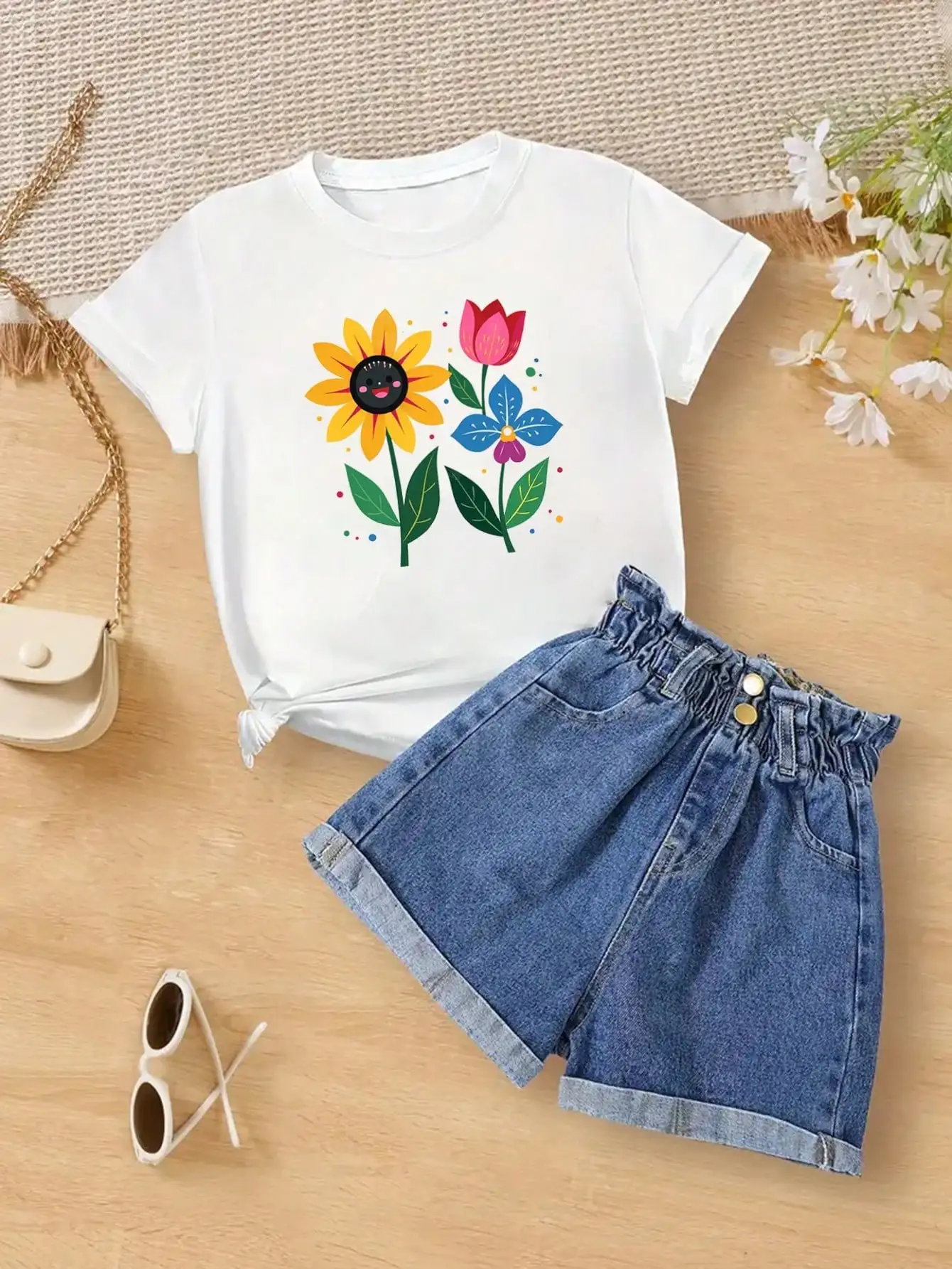 

Tween Girls Cotton T-Shirt, White Tee With Sunglasses, Purse, Shorts, Comfy & Cute Summer Art Print Tops