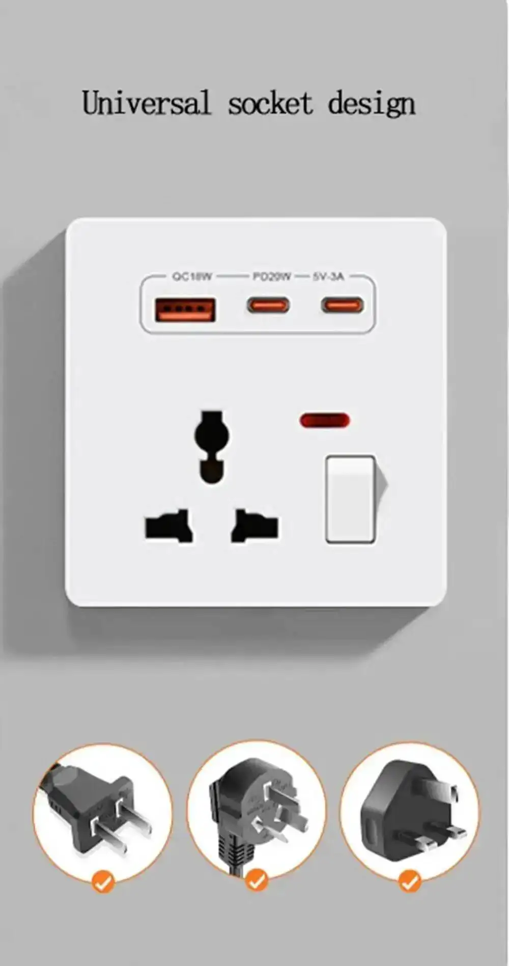 20W Fast Charging Universal Wall Socket With USB And Dual Typec Compatible For UK AU US TH EU Standard 86mm X 86mm Made In China image 6