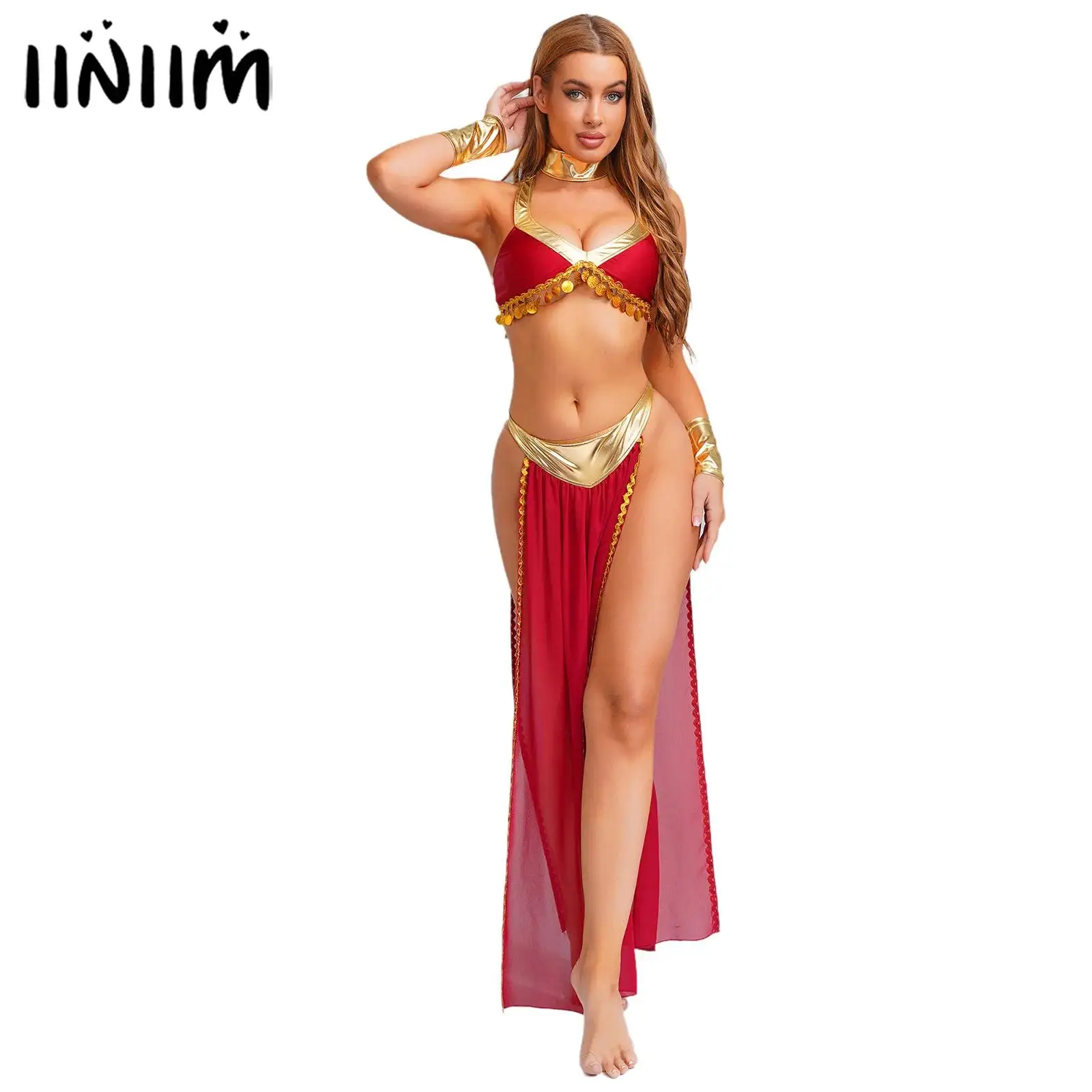 Trajes de Cosplay de Reina egipcia antigua para mujer, Top corto con abertura lateral, falda de gasa, traje de danza del vientre metálico brillante para Halloween