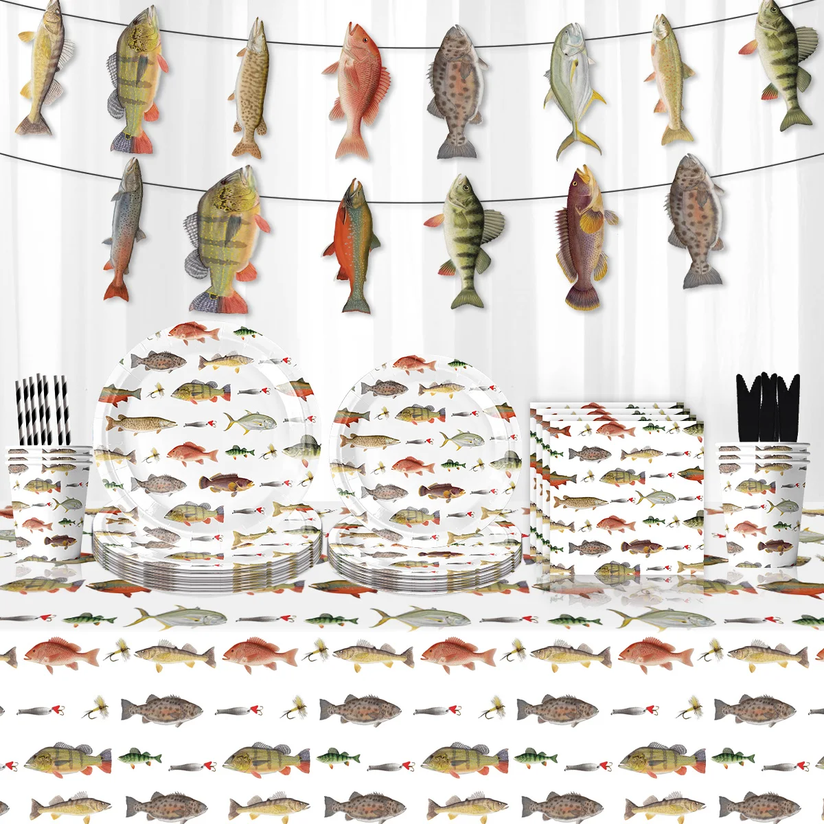 

Fish Tableware Theme Party Decorations Paper Plate Tablecloth Cup Paper Towels Knife And Fork Flag Disposable Tableware