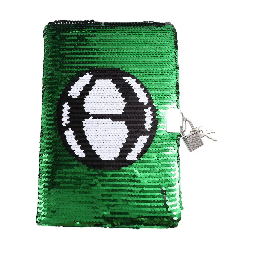 

Football Notebook with Lock and Keys Creative Reversible Sequin Notepad Sequin Cover Green Sequin Notebook Office Supply