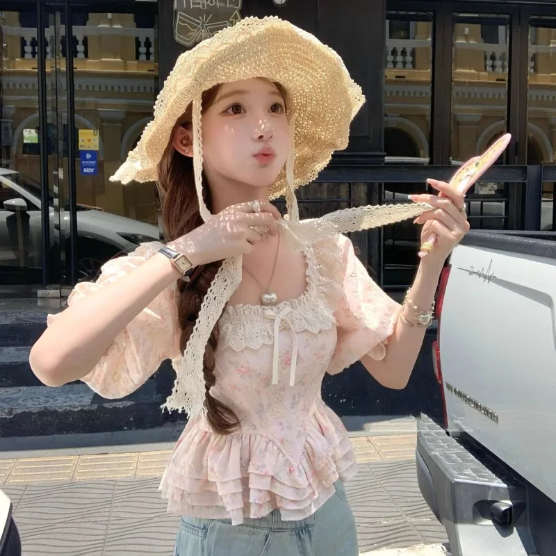 

Summer Sweet Y2k Slim Blouse Short Sleeve Shirt Bow Embroidery Lace Pink Floral Print All-match Tops Ruffles Harajuku Kawaii Top
