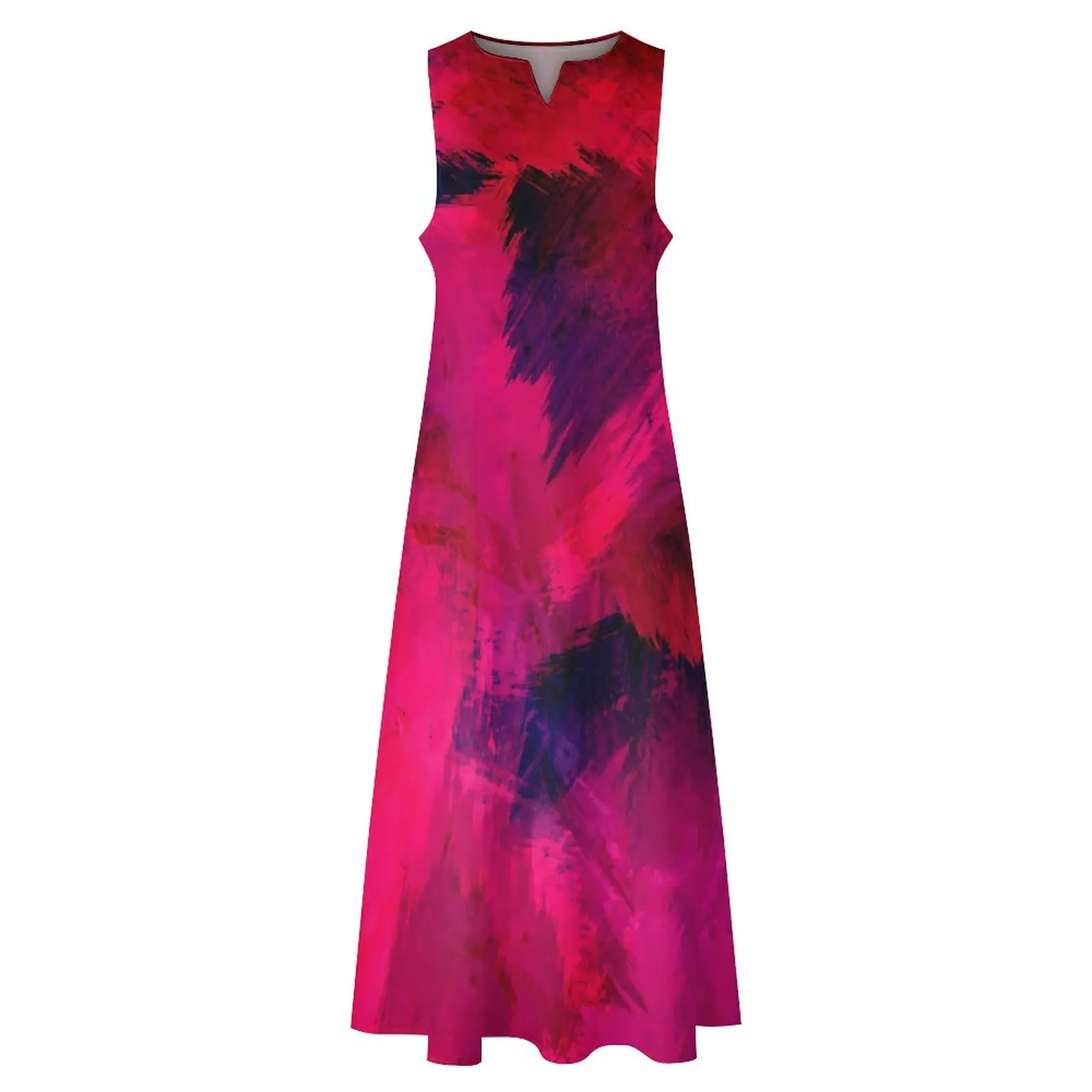 Vestido maxi longo abstrato escova, vestido de praia vintage Boho, Design decote V, Vermelho e roxo, Estilo de rua, Verão