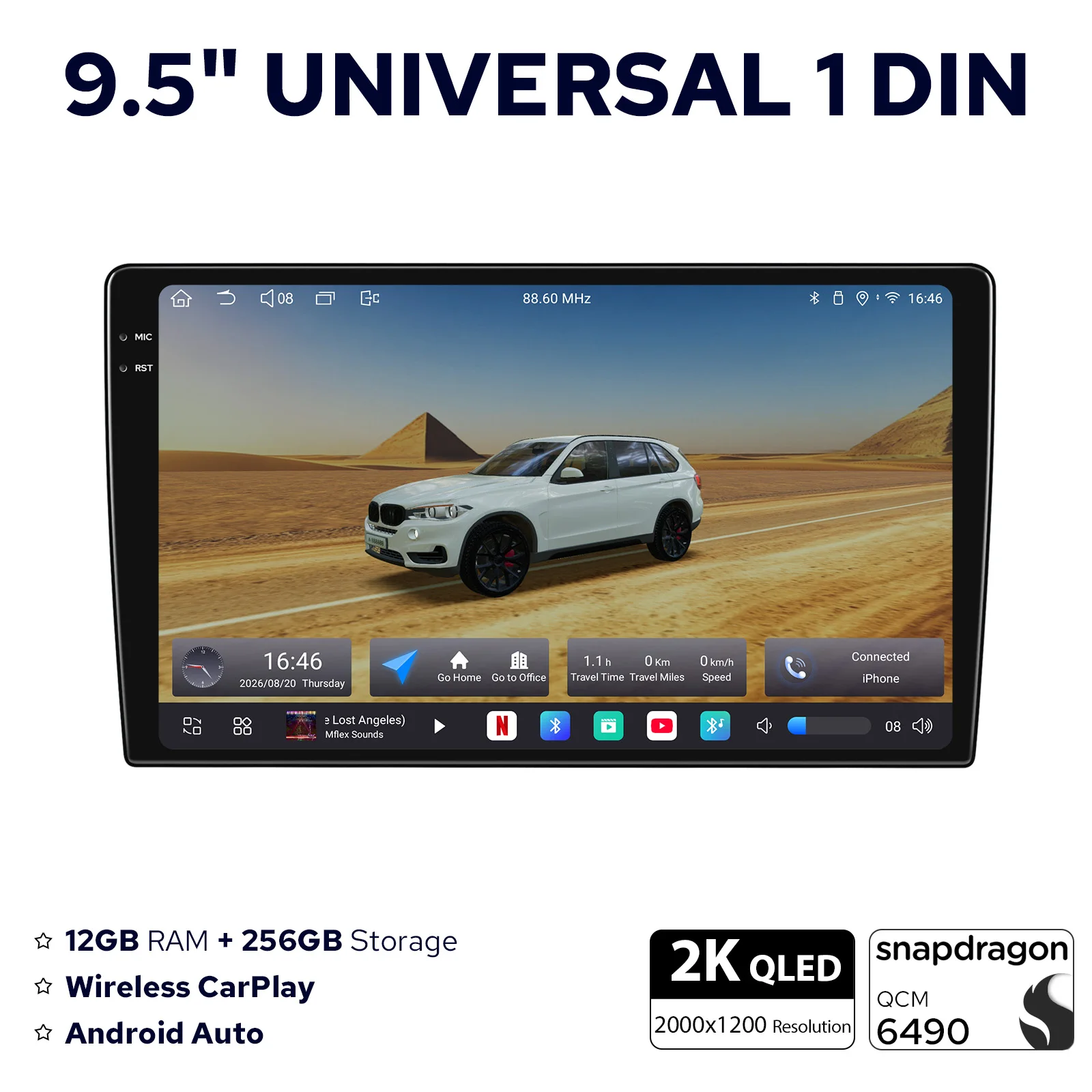 JOYING 9.5 Inch Car Radio Stereo Universal Single Din Head Unit 12GB+256GB 2K QLED 2000*1200 Wireless CarPlay&Android Auto