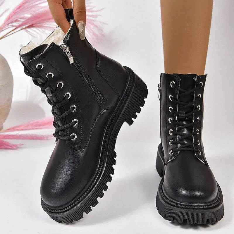 Pu Leather Warm Motorcycle Boots Women Lace-Up Plush Winter Ankle Boots Woman Balck Beige Flat Heel Non-Slip Cotton Botas Mujer