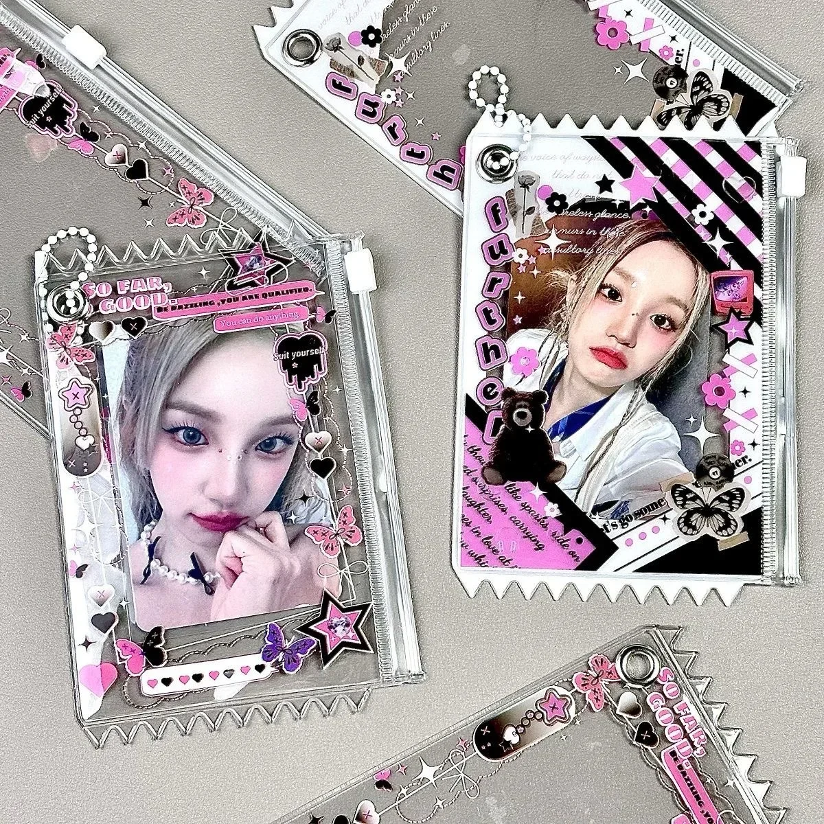 Korean Y2K Pink Black Butterfly Card Bag Kpop Idol 3-Inch Photo Card Transparent Display Beautify Pendant for Girl Key Chain Bag