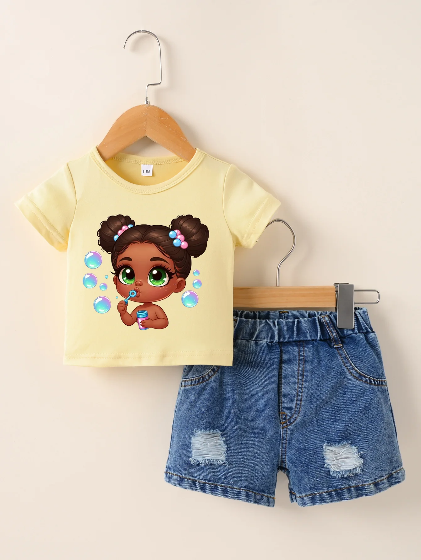 New Boys and Girls Summer New Boys and Girls Short sleeved Yellow T-shirt Round Neck Pullover+Denim shorts set