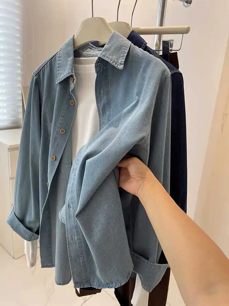 Women's Blue Denim Shirts Spring Autumn Long Sleeve Turn-down Collar Blouse Leisure Versatile Thin Jean Jackets Female